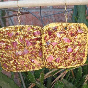 Geode Cluster Ruby Red Metallic Gold Earrings
